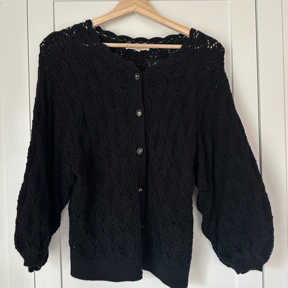 Sezane Black Cardigan with Knitted Texture with Feminine Balloon sleeves